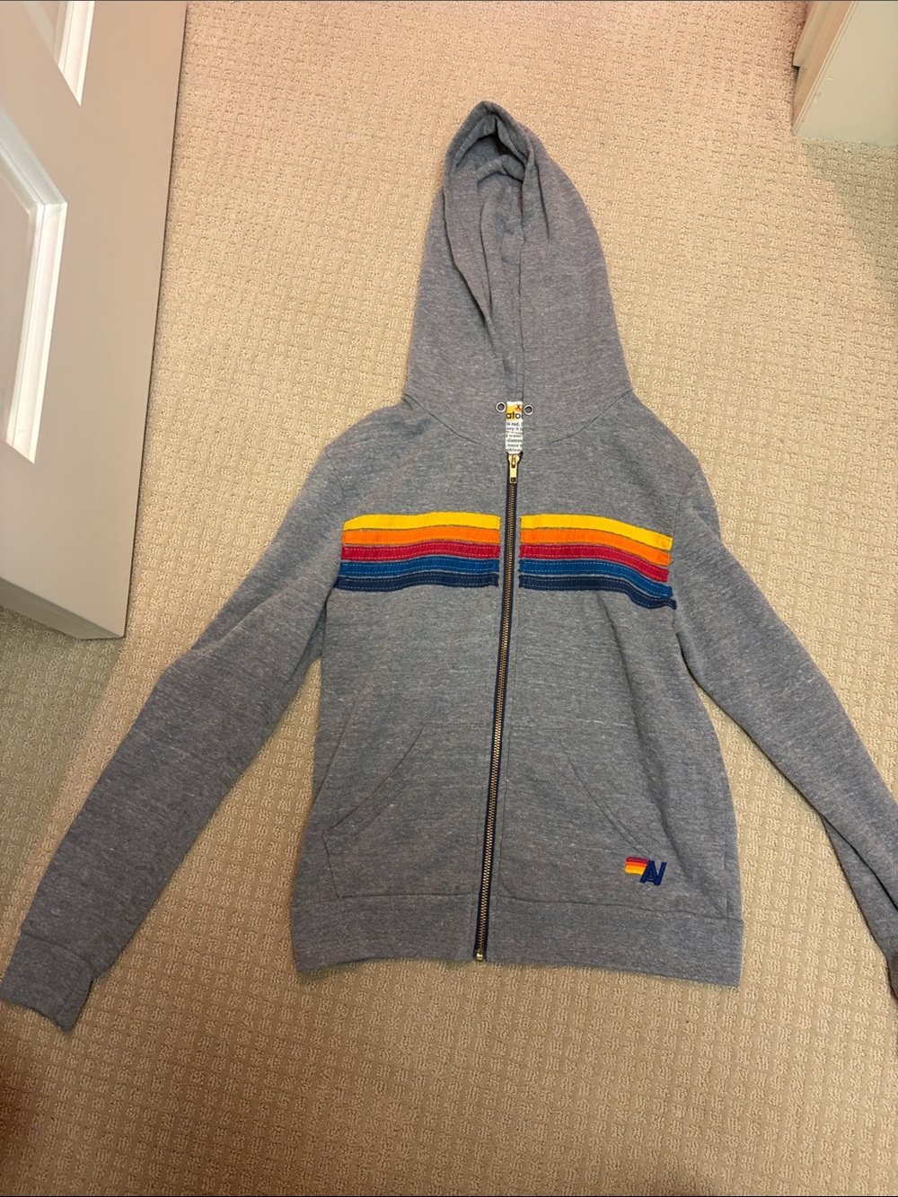 Aviator Nation Grey Kids Zip Hoodie with Rainbow Chest Stripes